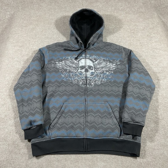 Other - Vintage Y2K Skull Hoodie Mens‎ Large Grey Sherpa Mall Goth Grunge Affliction Y2K